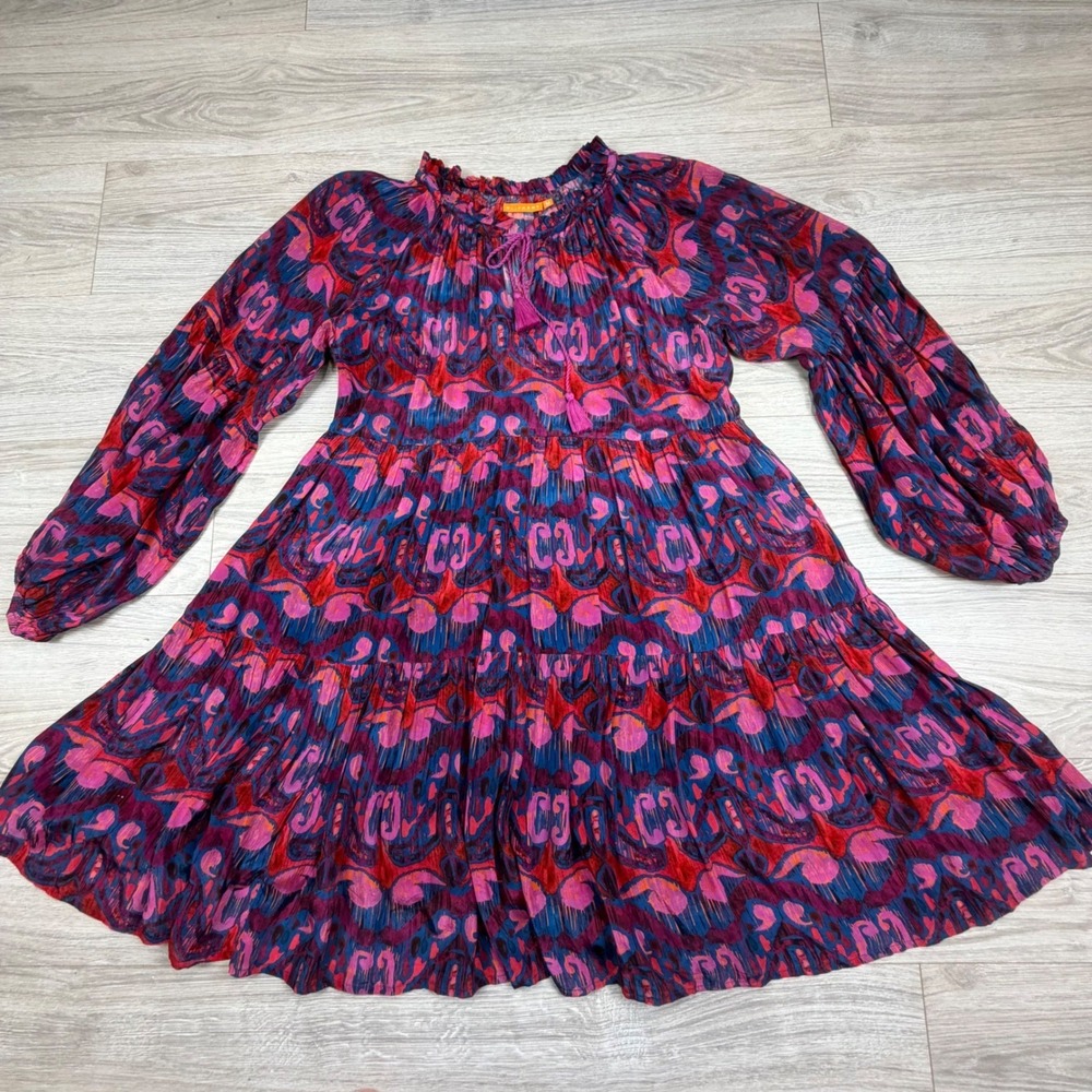 Oliphant Pink Blue Ikat Tiered Mini Dress Balloon Sleeve Tassel Tie Womens M